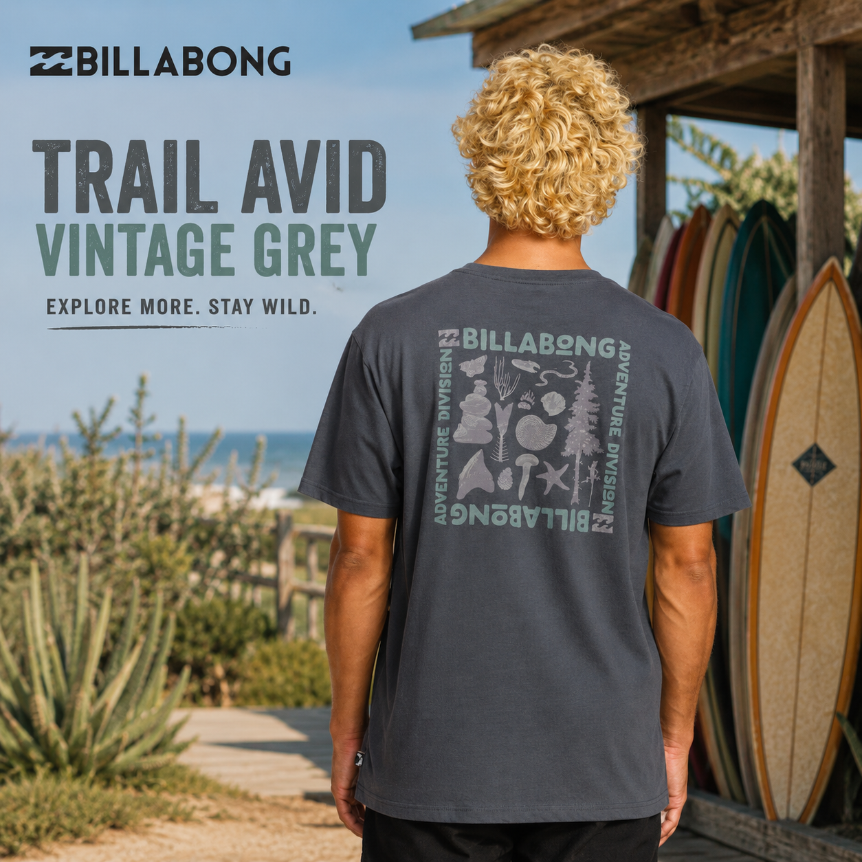 Camiseta Billabong Trail Avid Vintage Grey para hombre en color gris vintage con gráfico trasero Adventure Division y estilo outdoor surf