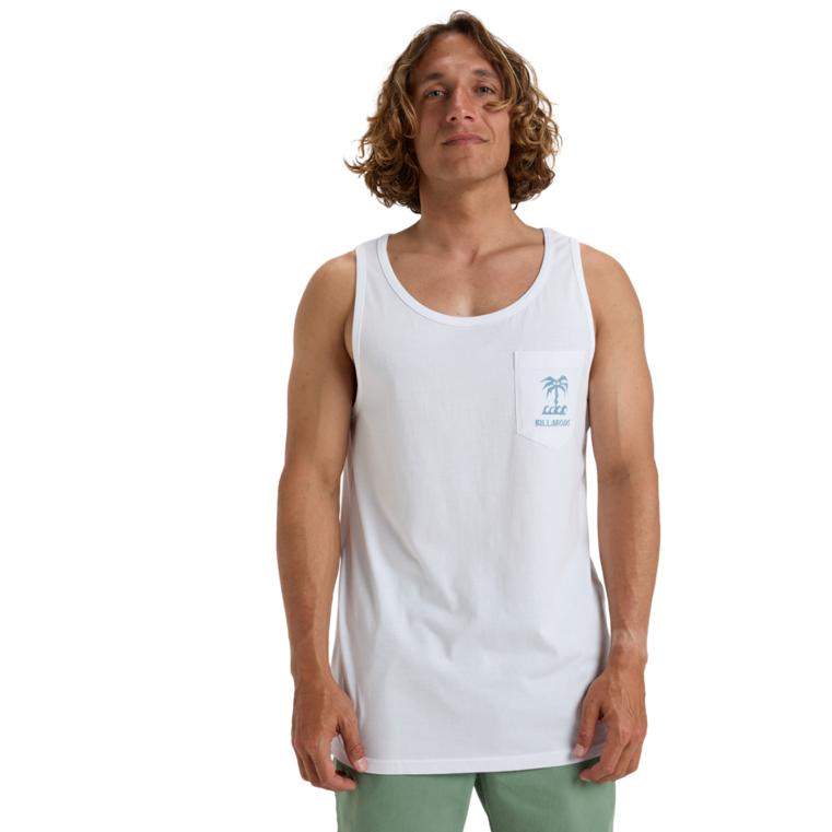 Camiseta de tirantes Billabong Troppo Pocket Tank White para hombre en color blanco con bolsillo delantero y gráfico surf tropical en la espalda.