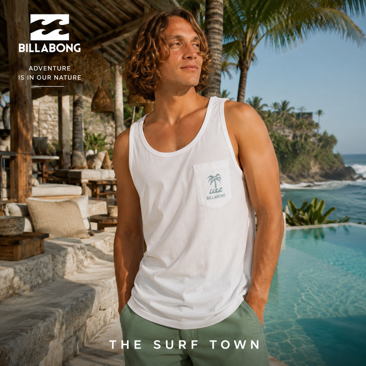 Camiseta de tirantes Billabong Troppo Pocket Tank White para hombre en beach club tropical premium de Bali, fotografía editorial propia de THE SURF TOWN inspirada en el surf lifestyle de verano