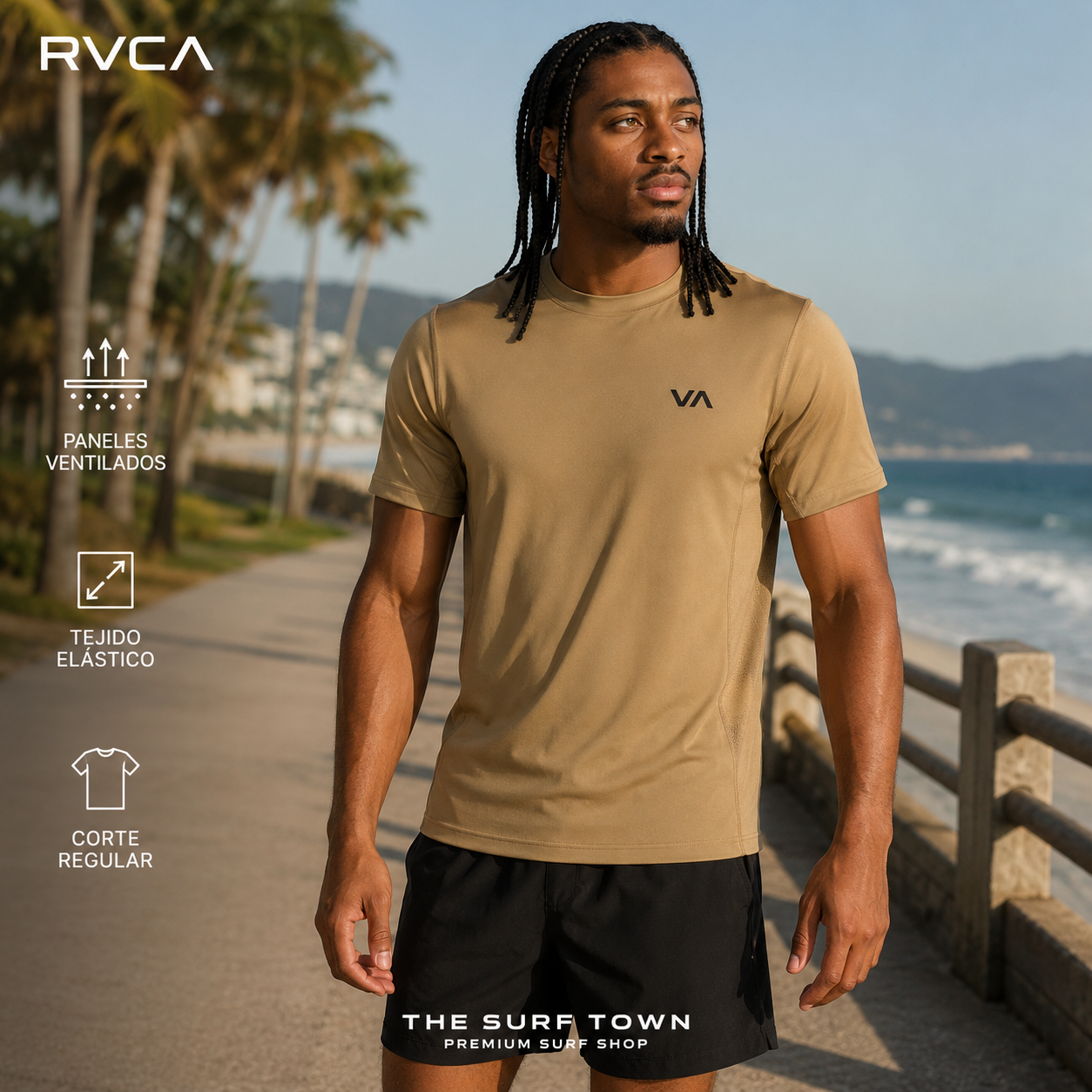 Camiseta de entrenamiento RVCA Sport Vent SS Coyote en imagen editorial propia de THE SURF TOWN junto al mar