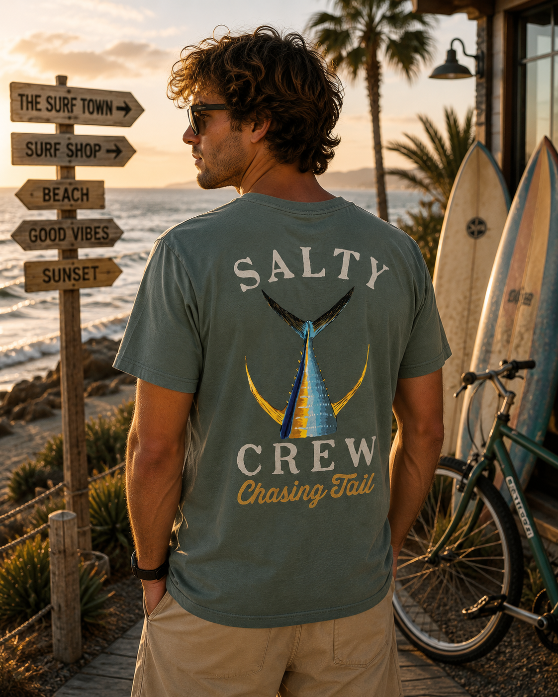 Camiseta hombre Salty Crew Tailed SS Tee color laurel wreath en paseo marítimo surf lifestyle premium con carteles The Surf Town y surf shop frente al mar Costa del Sol