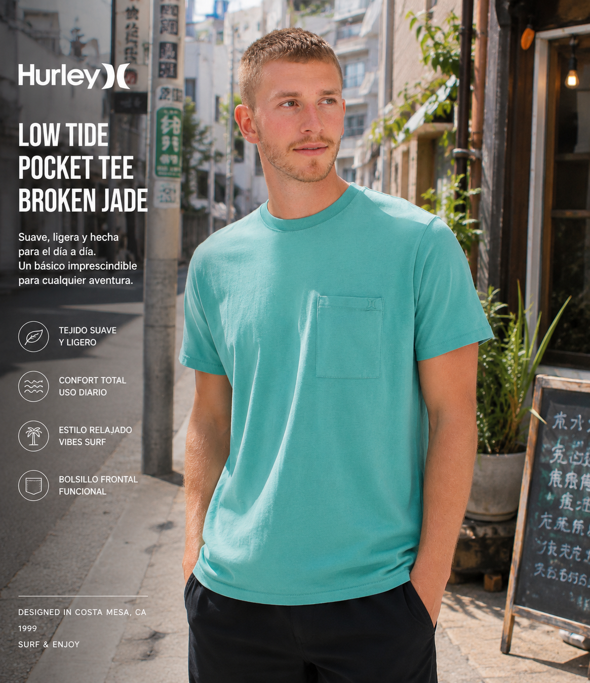 Camiseta Hurley Low Tide Pocket Broken Jade para hombre en escena urbana Japón daylight lifestyle premium