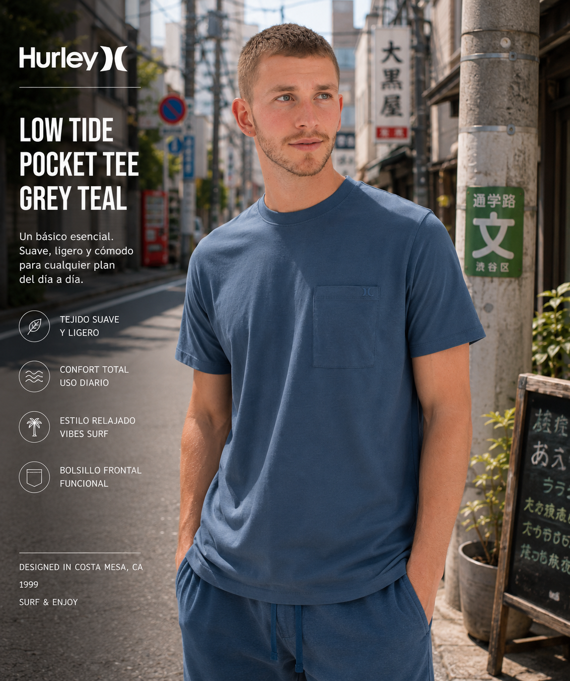 Camiseta Hurley Low Tide Pocket Grey Teal para hombre en escena urbana Japón daylight lifestyle premium