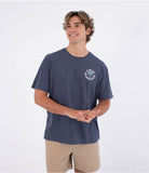 Camiseta Hurley Palm Monsoon hombre azul con logo frontal y estampado trasero estilo surf