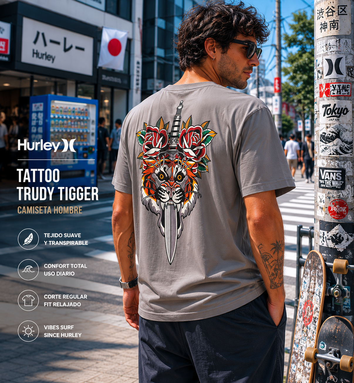 Camiseta Hurley Tattoo Trudy Tigger para hombre en escena urbana Tokio daylight lifestyle premium