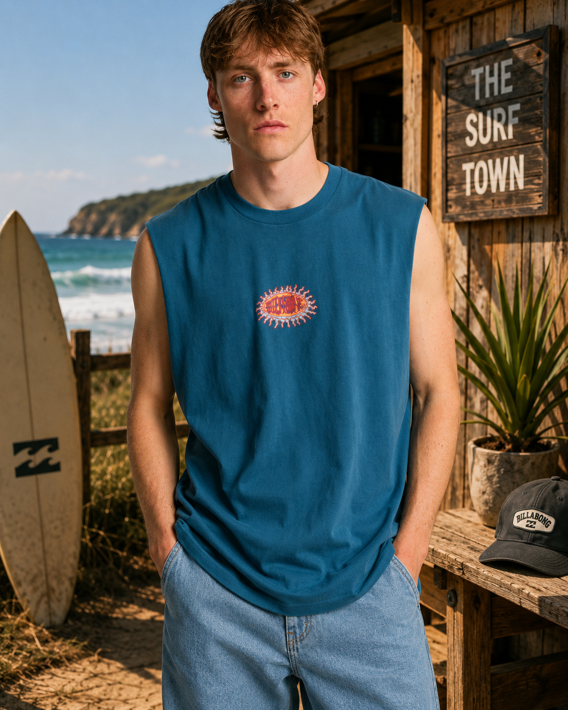 Camiseta muscle Billabong azul teal hombre estilo surf lifestyle premium frente al mar