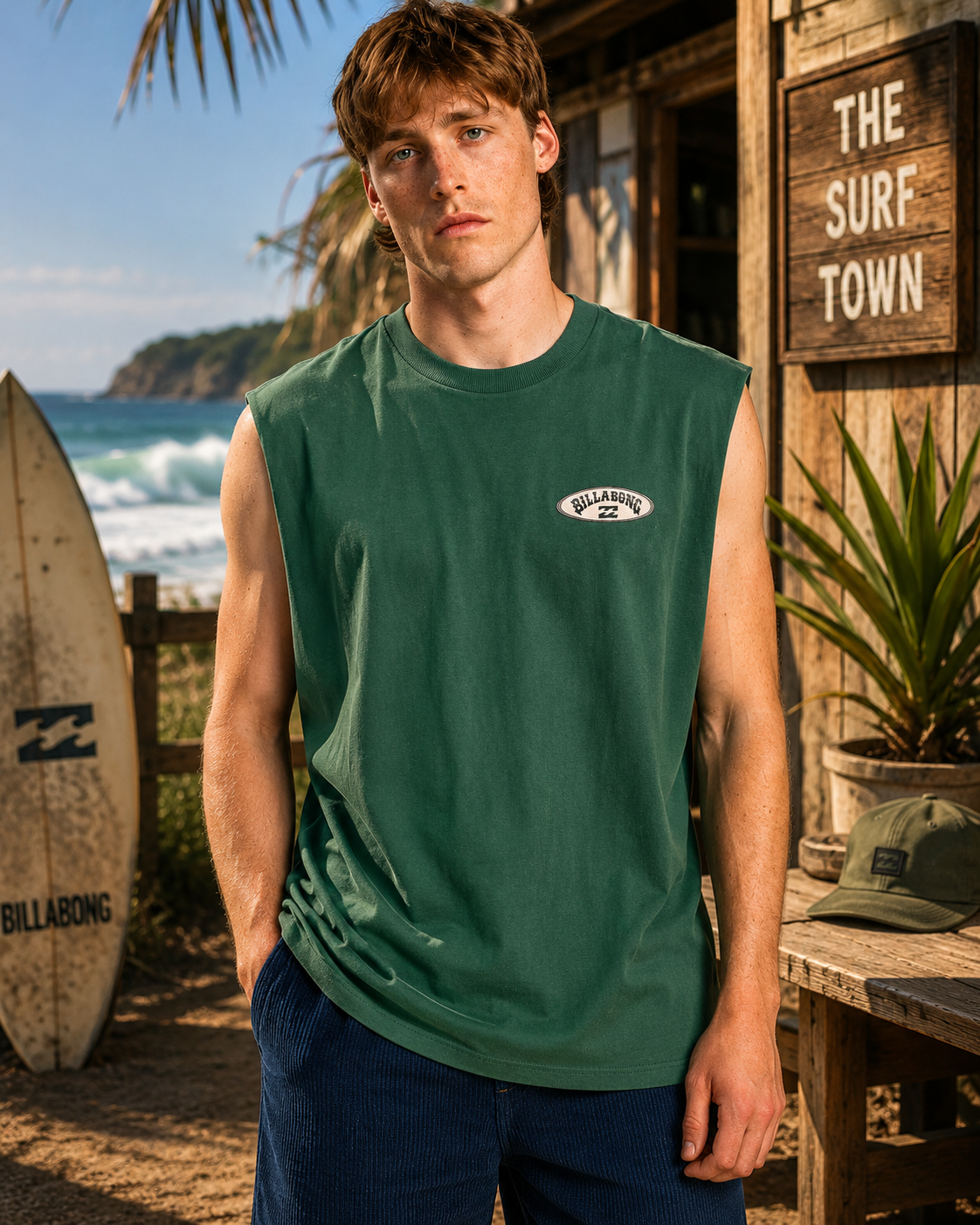 Camiseta muscle Billabong verde hombre estilo surf lifestyle premium junto al mar