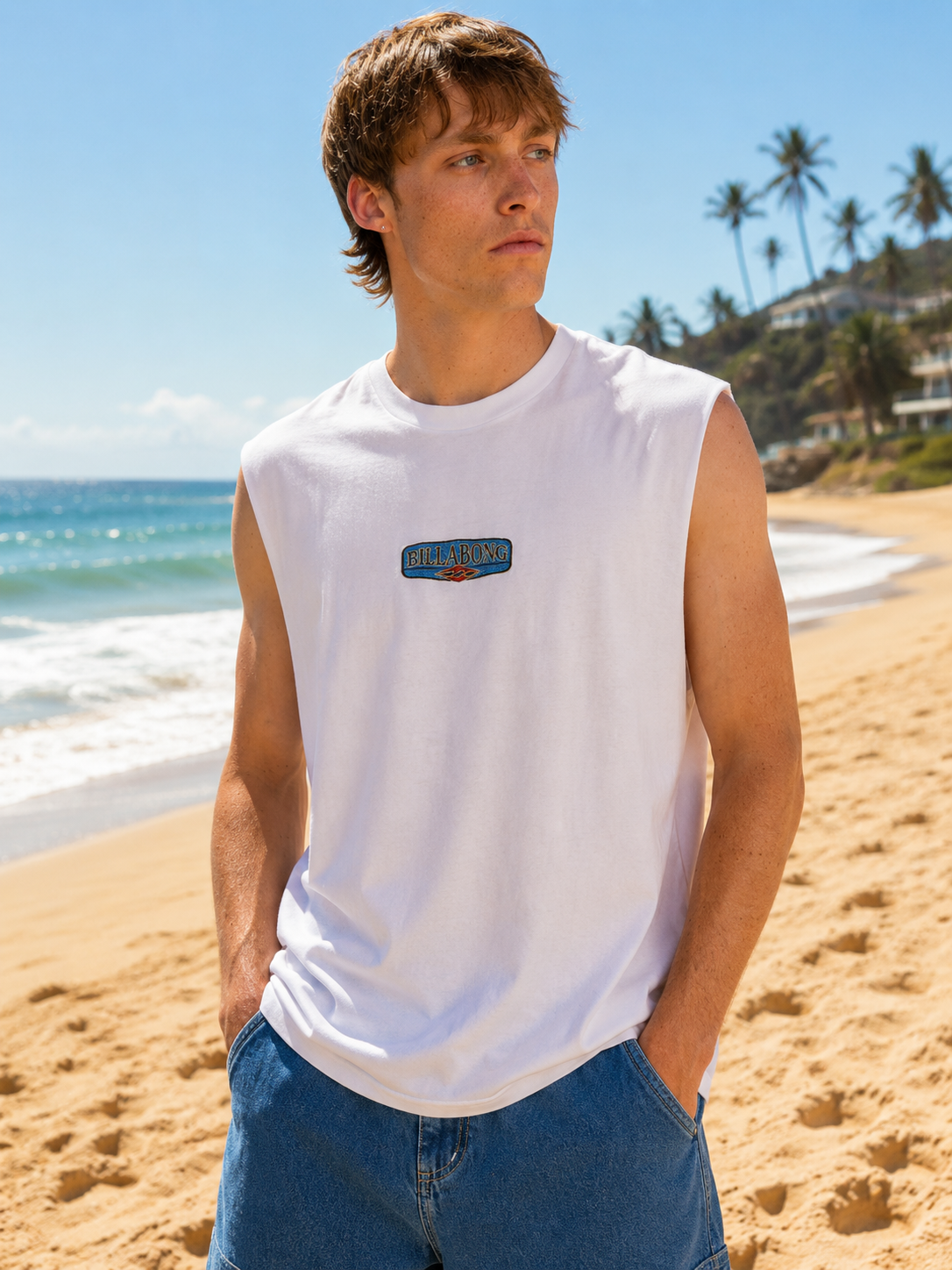 Camiseta muscle Billabong blanca hombre estilo surf premium en playa soleada