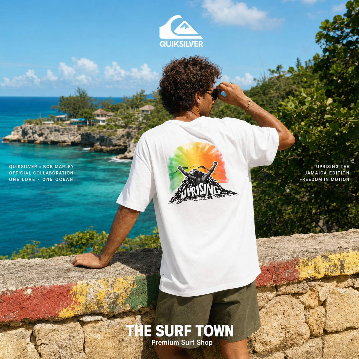 Camiseta Quiksilver x Bob Marley Uprising White para hombre en un mirador de Jamaica, imagen editorial propia de THE SURF TOWN