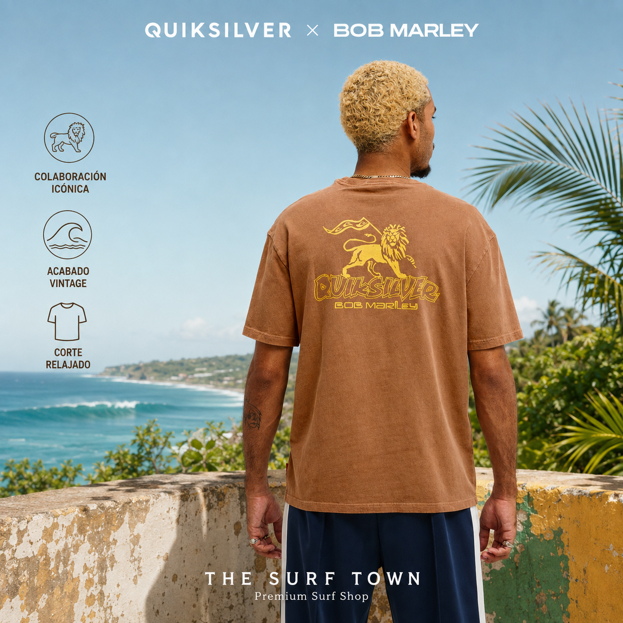 Camiseta Quiksilver x Bob Marley Zion Rawhide de hombre en imagen editorial propia de THE SURF TOWN