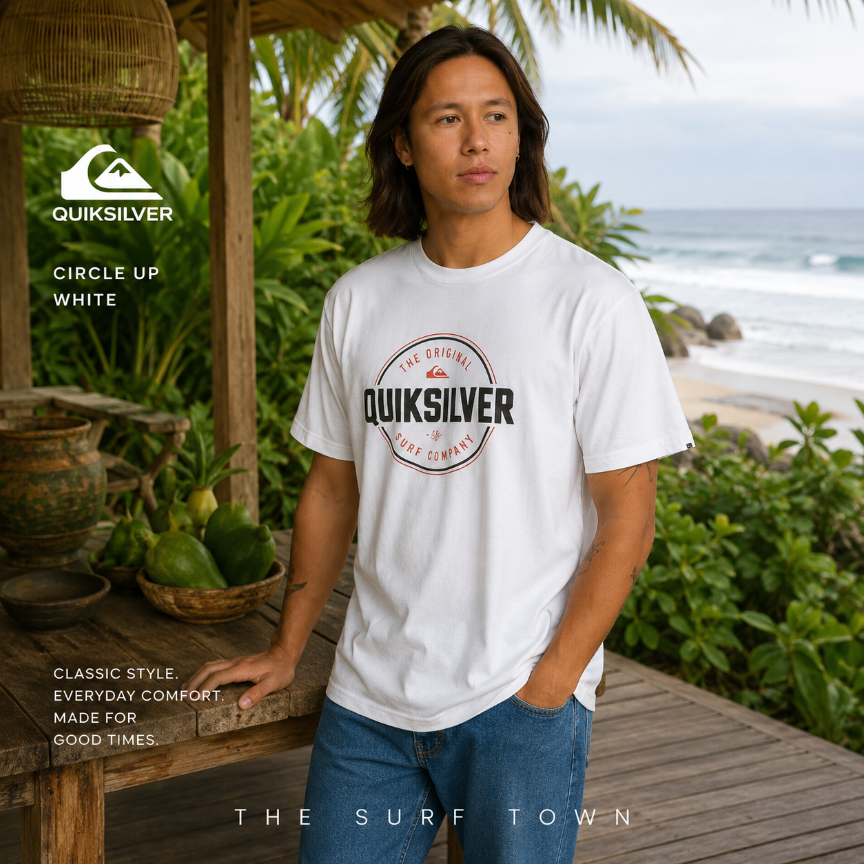 Camiseta Quiksilver Circle Up White en fotografía editorial propia de THE SURF TOWN en surf lodge tropical premium de Costa Rica