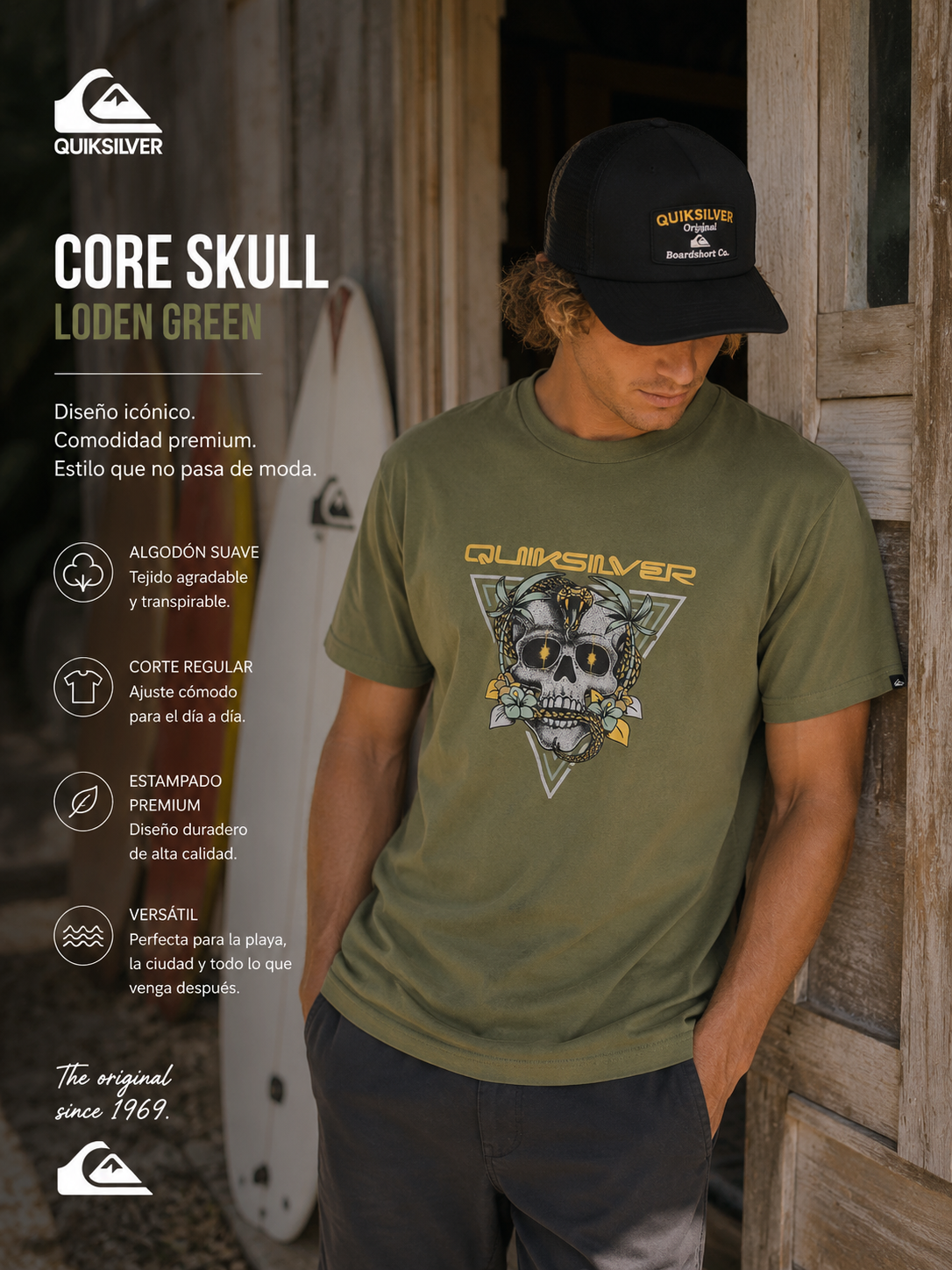 Camiseta Quiksilver Core Skull Loden Green estilo surf lifestyle premium para hombre