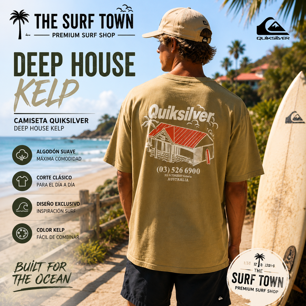 Camiseta Quiksilver Deep House Kelp para hombre en color kelp con gran estampado trasero inspirado en una caseta de surf australiana