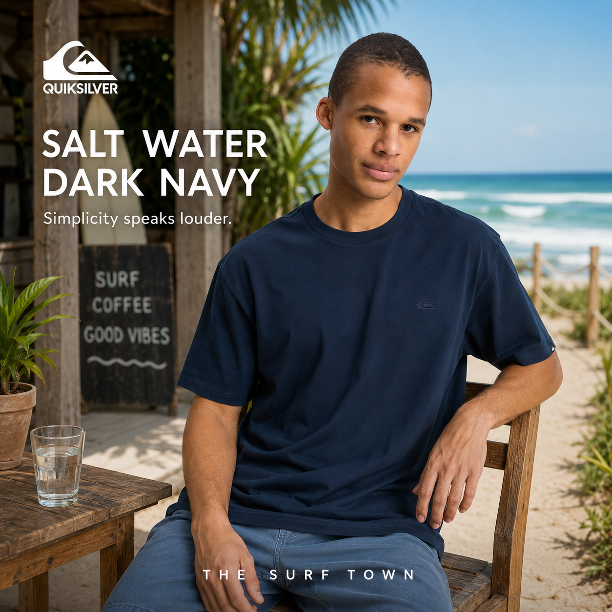 Camiseta Quiksilver Salt Water Dark Navy en fotografía editorial propia de THE SURF TOWN con estilo surf lifestyle premium junto a la playa