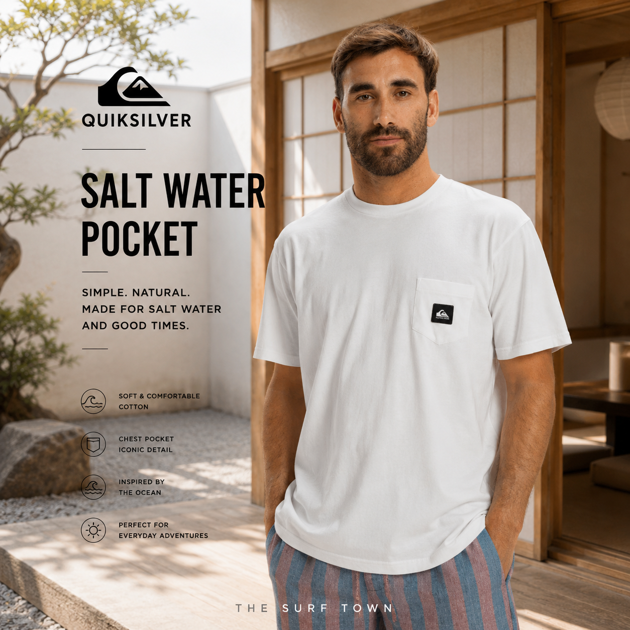 Fotografía propia de THE SURF TOWN de la camiseta Quiksilver Salt Water Pocket White para hombre en arquitectura japonesa minimalista con estilo surf lifestyle premium