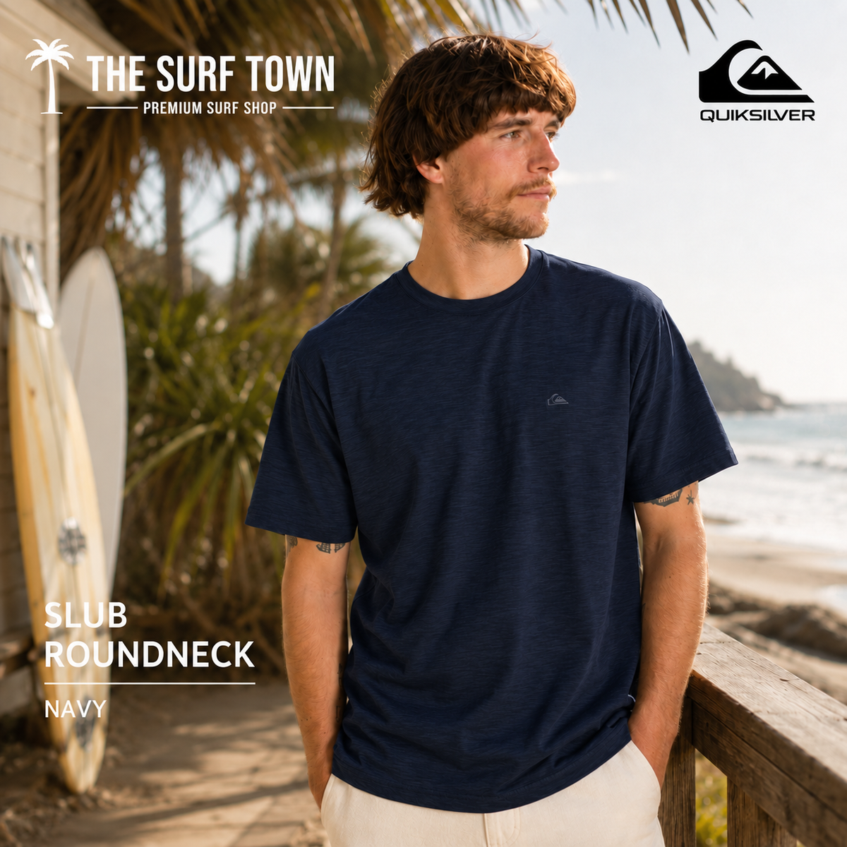 Camiseta Quiksilver Slub Roundneck azul marino (Navy) en escena editorial de The Surf Town