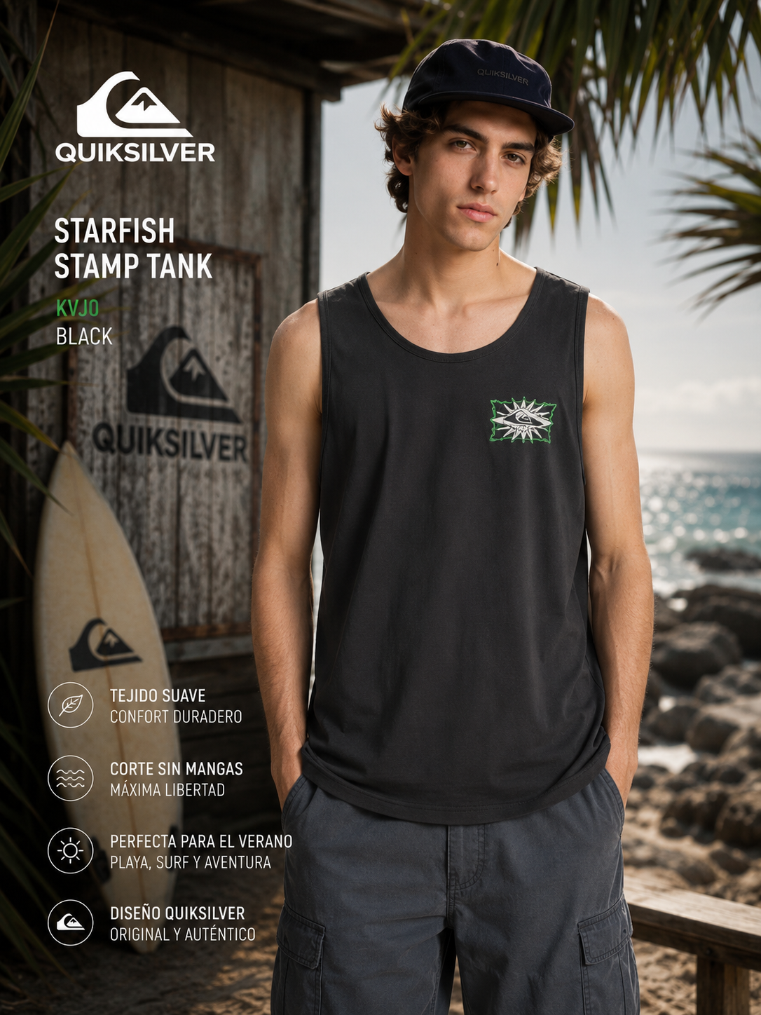 Camiseta de tirantes Quiksilver Starfish Stamp Tarmac hombre en escenario surf coastal premium con estética editorial cinematográfica