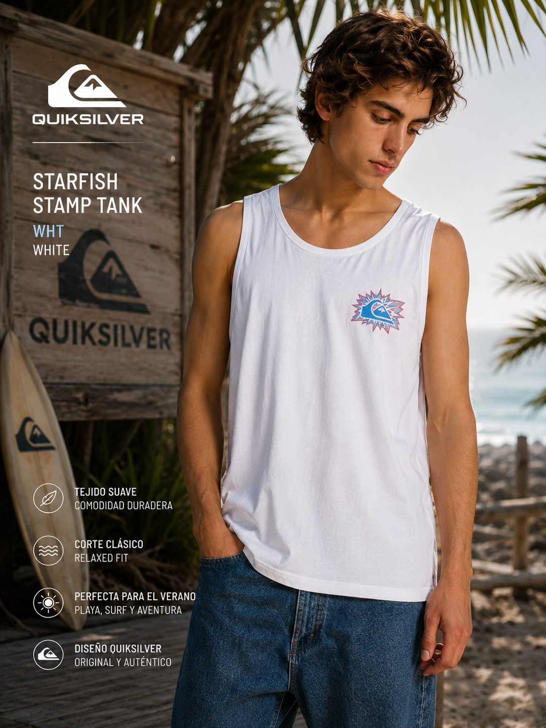 Camiseta de tirantes Quiksilver Starfish Stamp White hombre en escenario surf tropical premium con estética editorial cinematográfica y beach shack