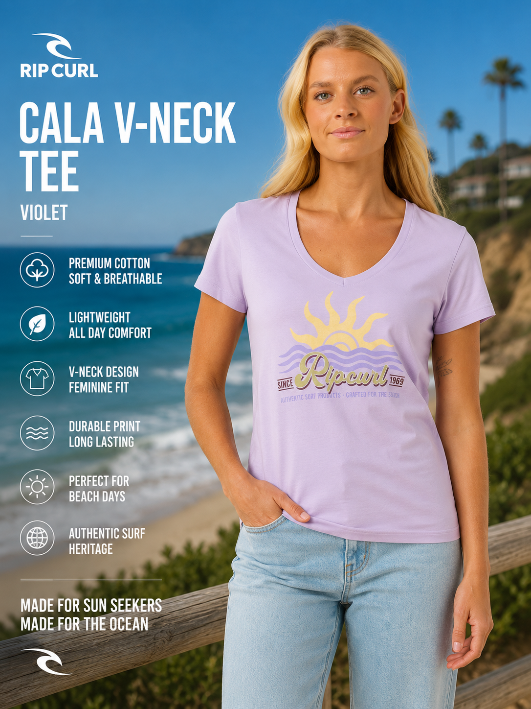 Camiseta Rip Curl Cala Vneck Lilac Mujer en entorno coastal luminoso con estética surf lifestyle femenina