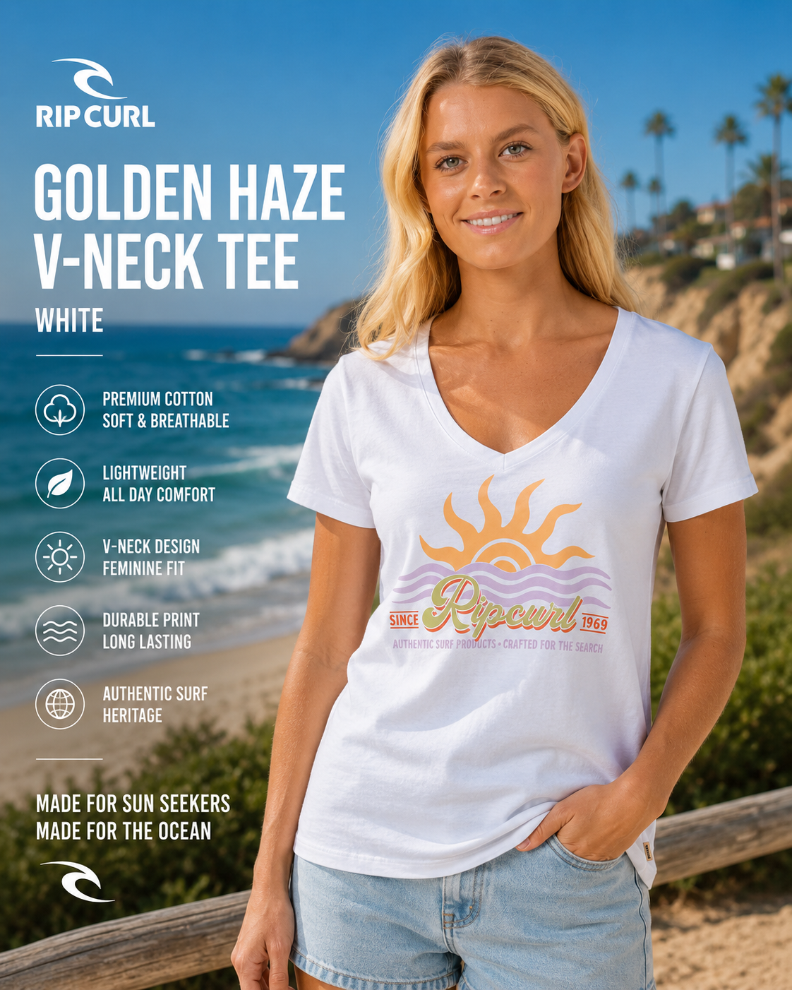 Camiseta Rip Curl Cala Vneck White Mujer en playa luminosa con estética surf lifestyle femenina premium