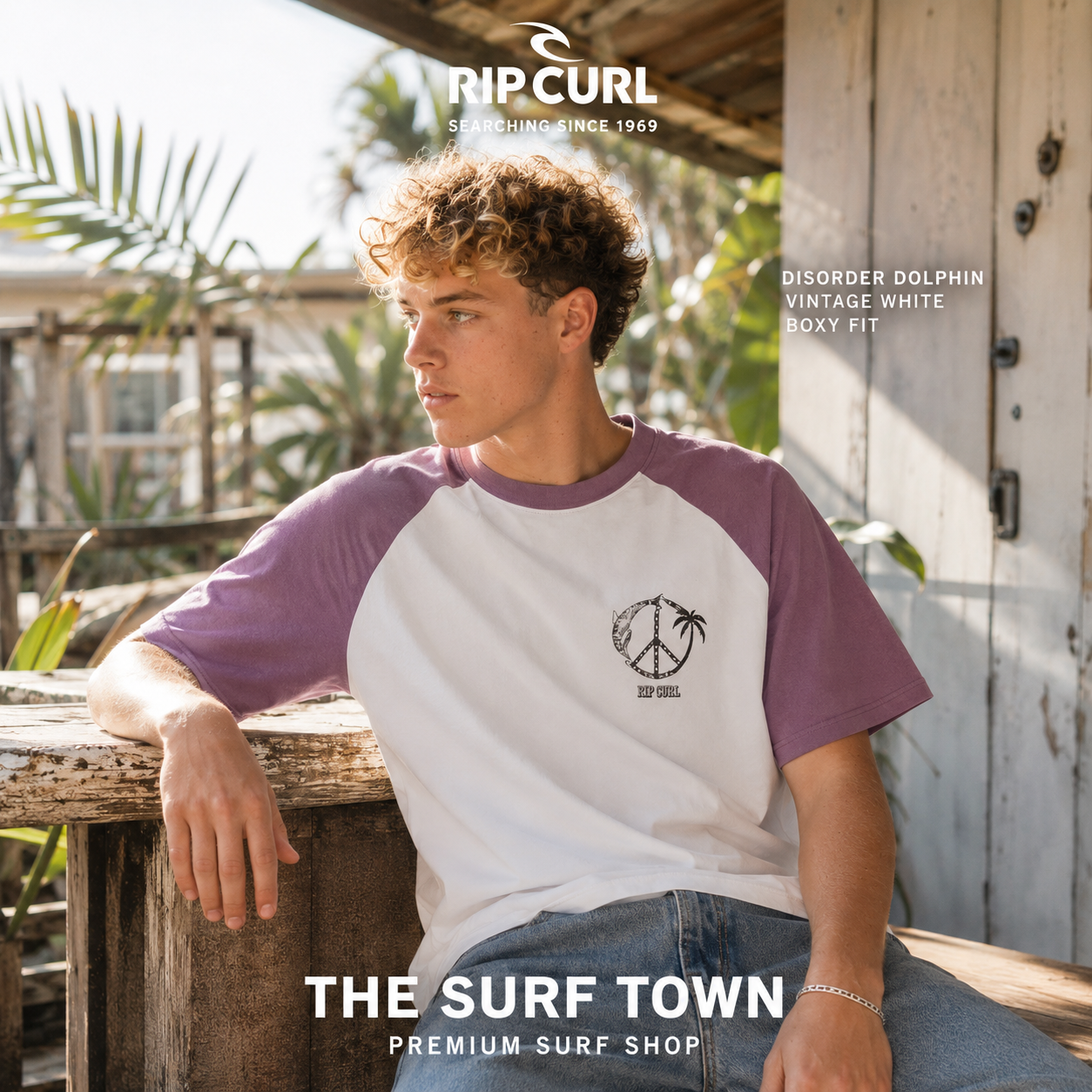 Camiseta Rip Curl Disorder Dolphin Vintage White Boxy Fit para hombre con diseño raglán blanco y malva y gráfico Disorder Dolphin en el pecho. Imagen editorial propia de THE SURF TOWN con estética premium inspirada en el surf.