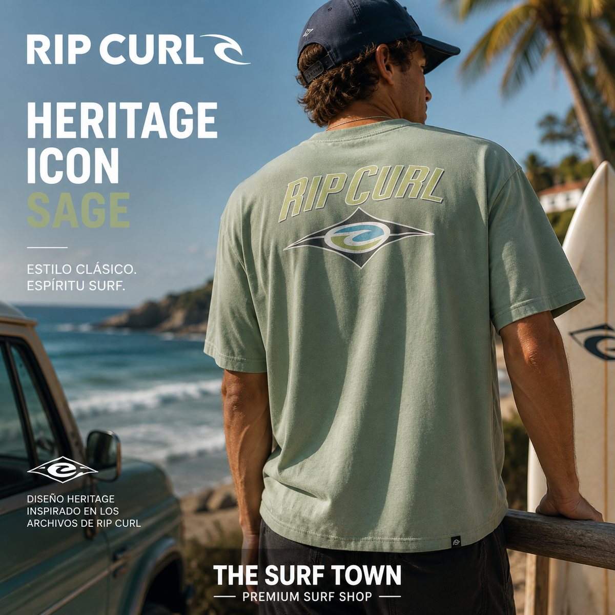 Camiseta Rip Curl Heritage Icon Sage para hombre con gráfico trasero de inspiración surf en escena lifestyle de THE SURF TOWN