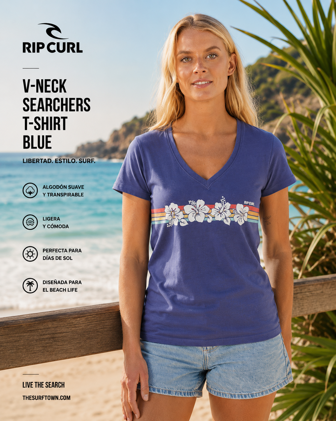 Camiseta Rip Curl Keepsakes V Neck Blue para mujer con estilo surfwear femenino y beach lifestyle