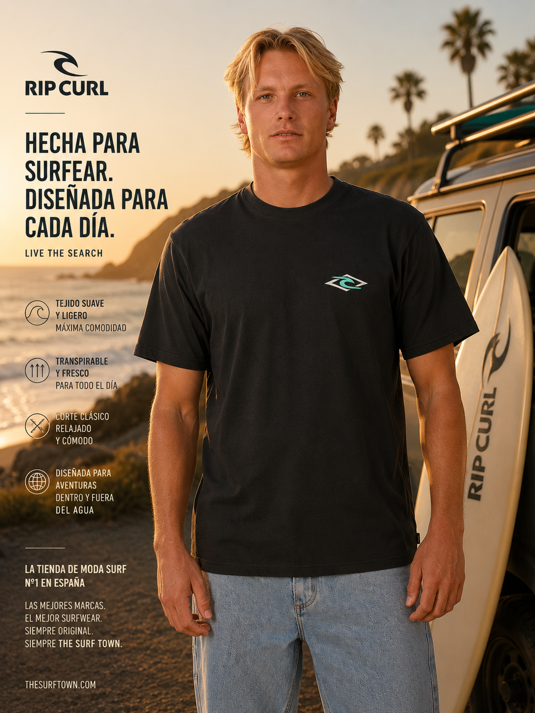 Camiseta Rip Curl Legacy Washed Black para hombre con estilo surfwear premium en ambiente coastal surf