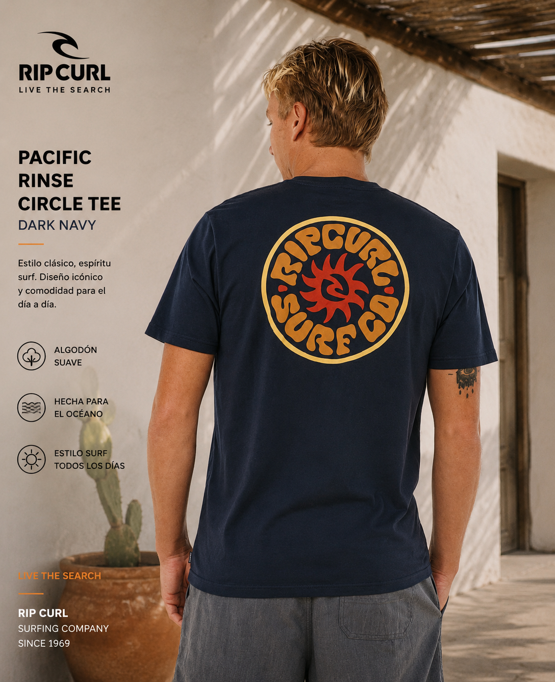 Camiseta Rip Curl Pacific Rinse Circle Dark Navy para hombre en escena editorial mediterránea premium