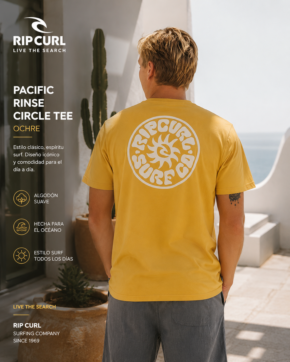 Camiseta Rip Curl Pacific Rinse Circle Ochre para hombre en escena editorial mediterránea premium