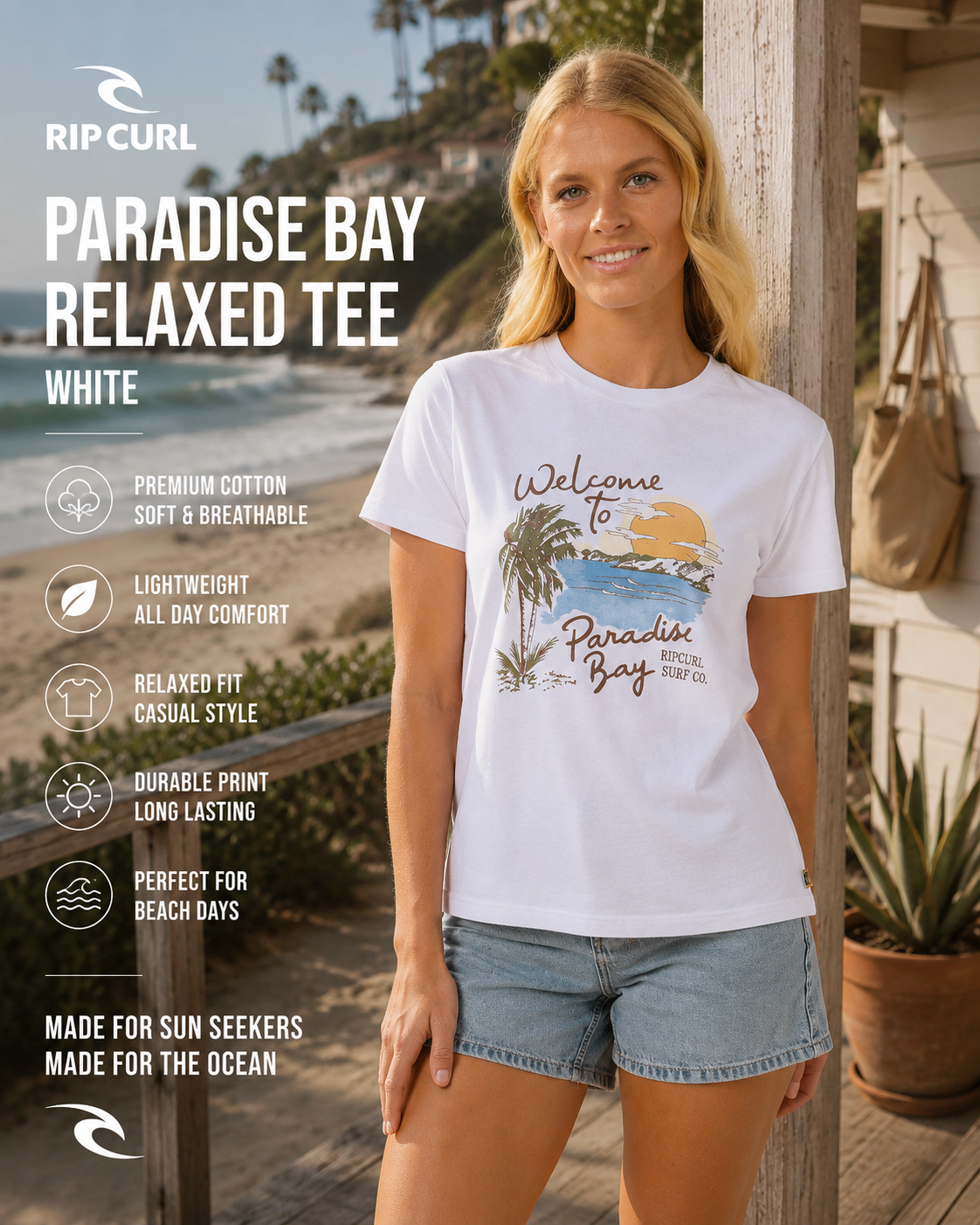 Camiseta Rip Curl Paradise Bay White Mujer integrada en escena coastal premium con estética surf lifestyle femenina