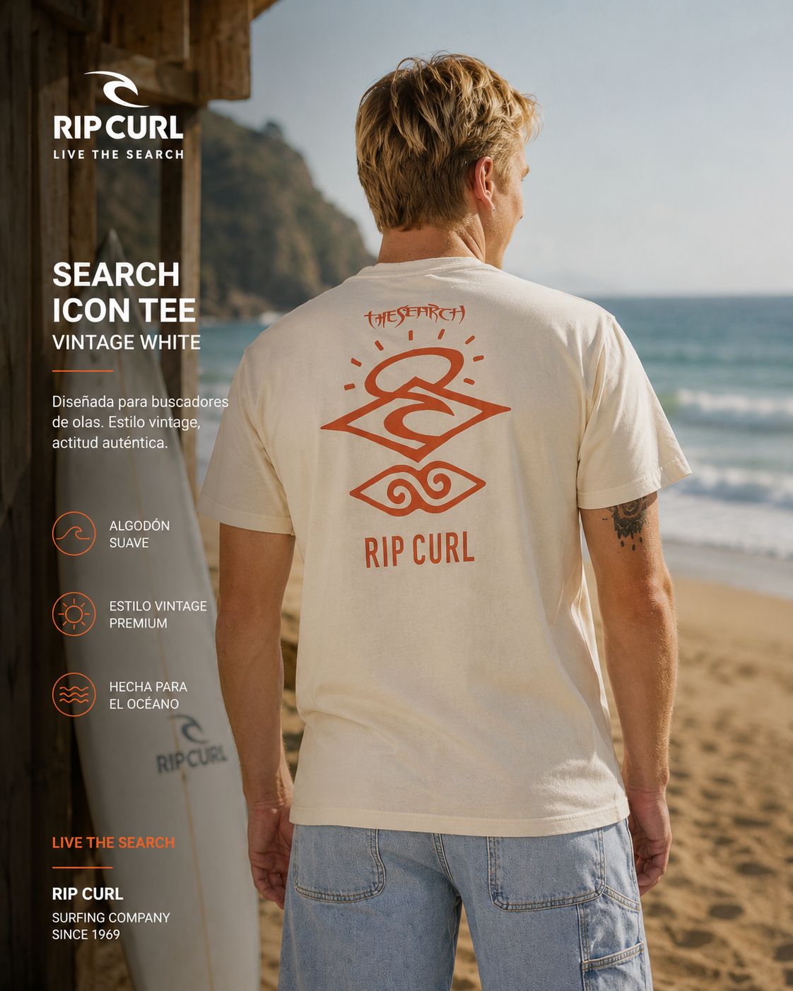 Camiseta Rip Curl Search Icon Tee Vintage White para hombre en escena surf lifestyle premium
