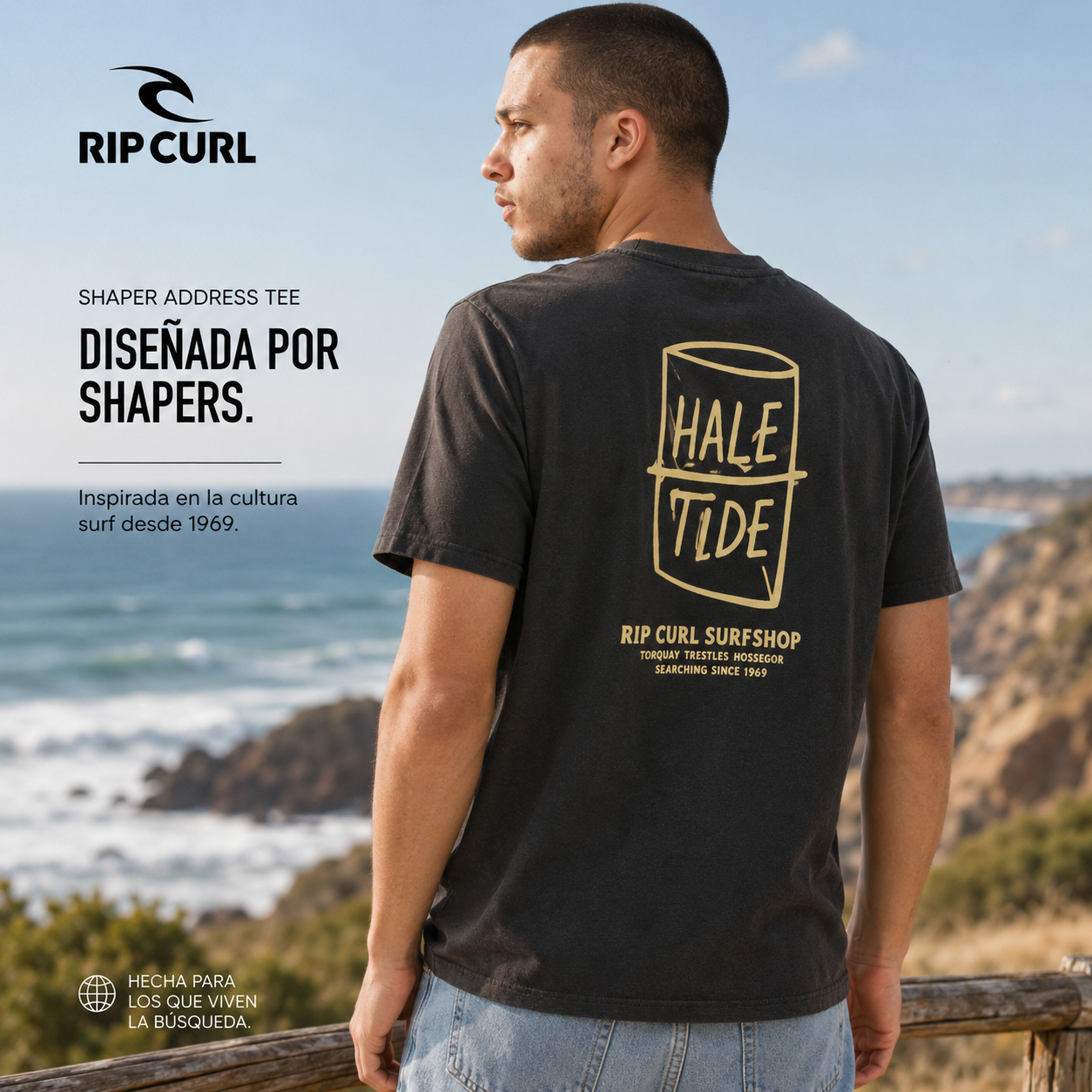 Camiseta Rip Curl Shaper Address Tee Washed Black para hombre en acantilado costero surf lifestyle