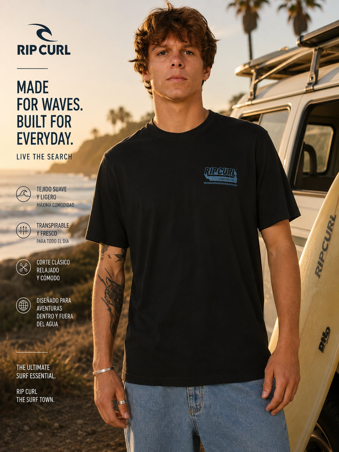 Camiseta Rip Curl Sportline FB Black para hombre en escena surf lifestyle cinema aesthetic junto a playa y surf van al atardecer