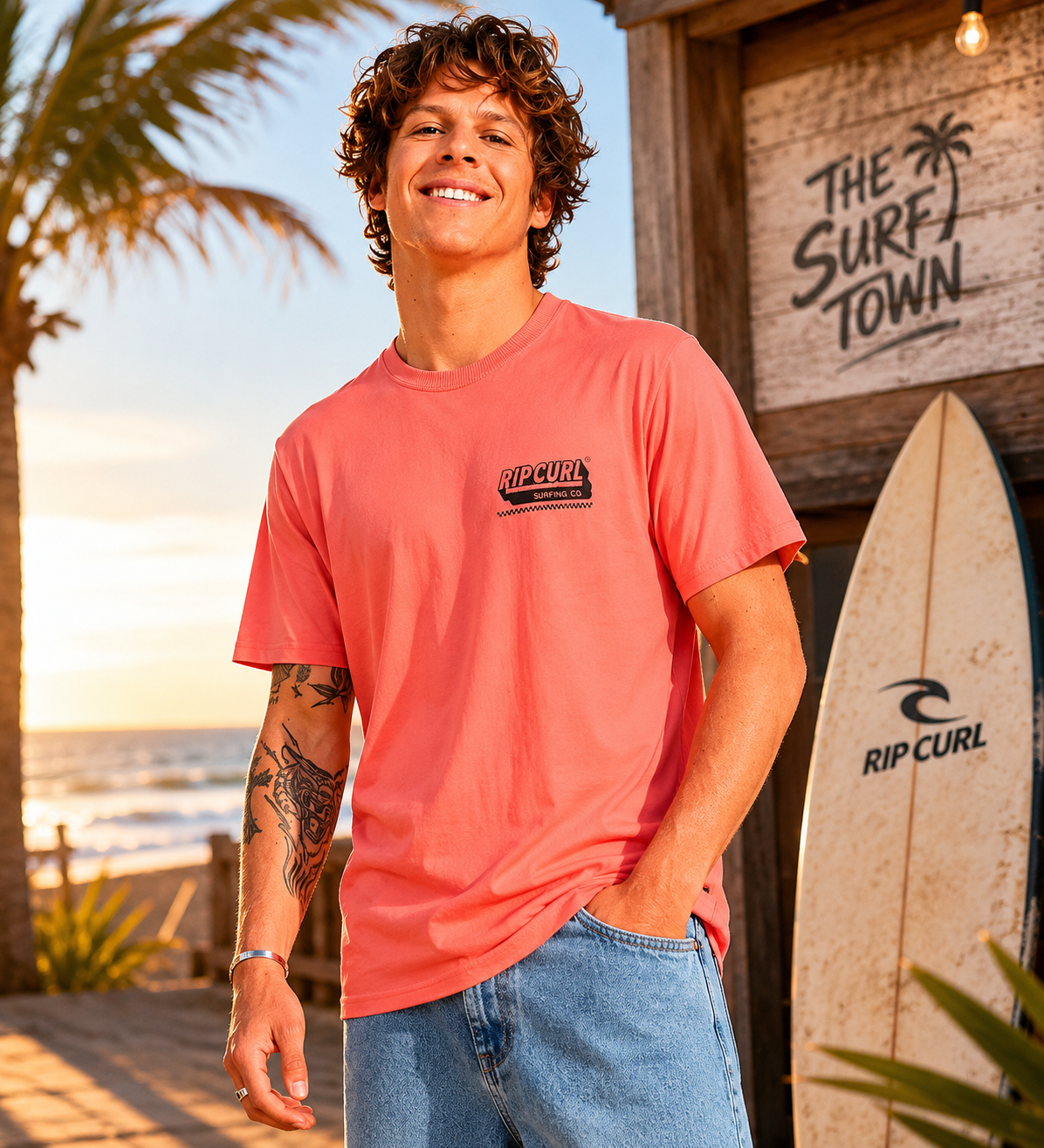 Camiseta Rip Curl rosa hombre estilo surf lifestyle premium junto a surf shack en la playa