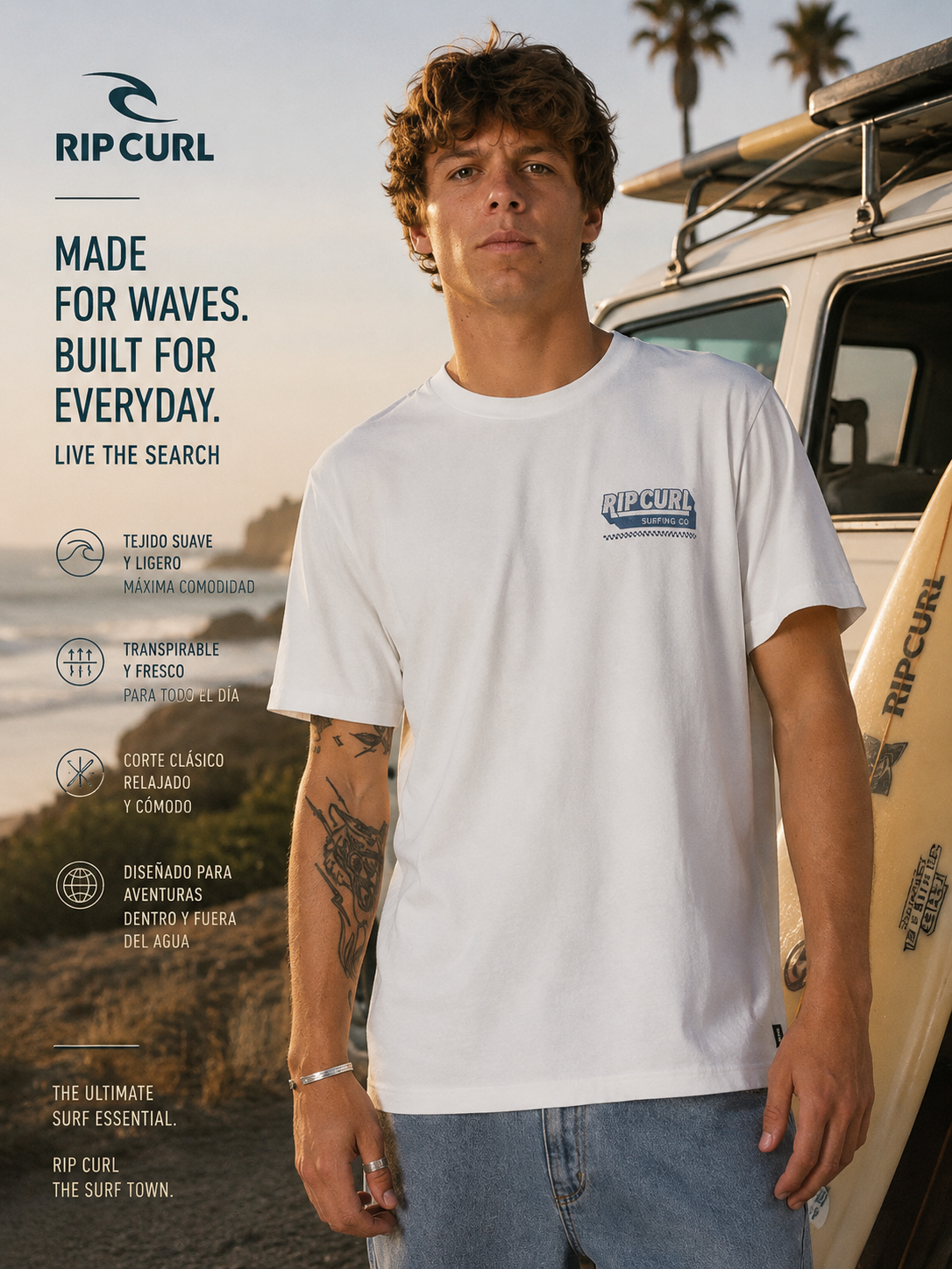 Camiseta Rip Curl Sportline FB White para hombre en escena surf lifestyle cinema aesthetic junto a furgoneta surf al atardecer