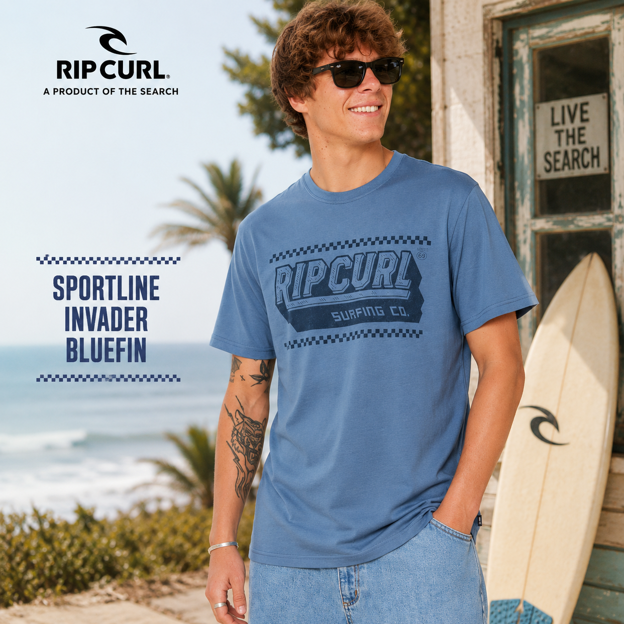Camiseta Rip Curl Sportline Invader Bluefin para hombre con gráfico Surfing Co en el pecho
