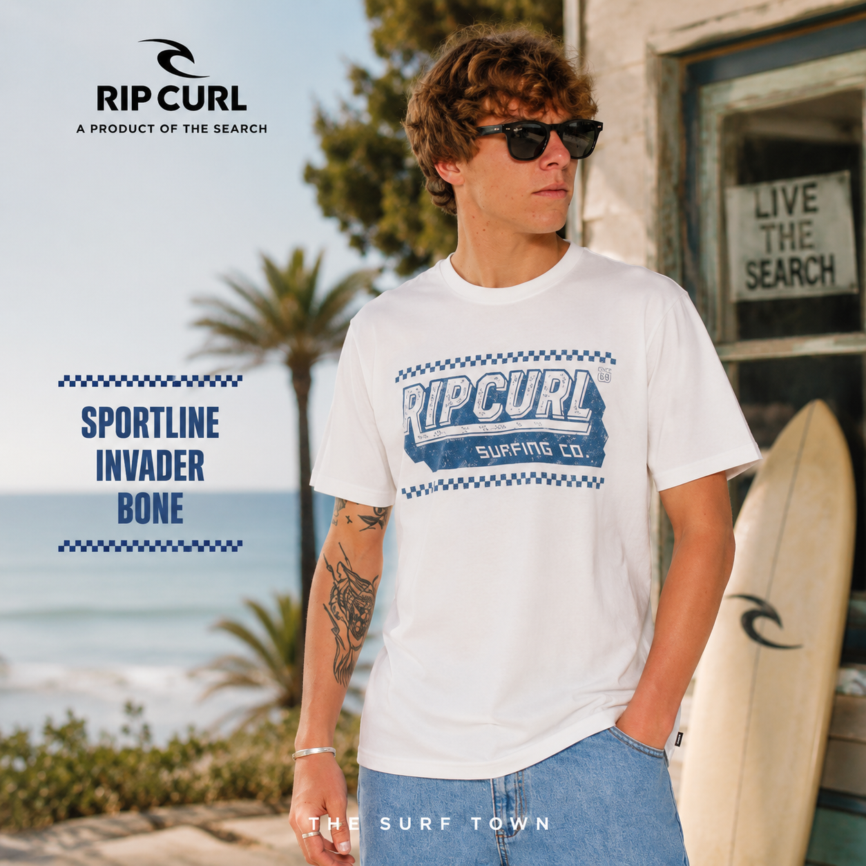 Camiseta Rip Curl Sportline Invader Bone para hombre con gráfico Surfing Co en color azul