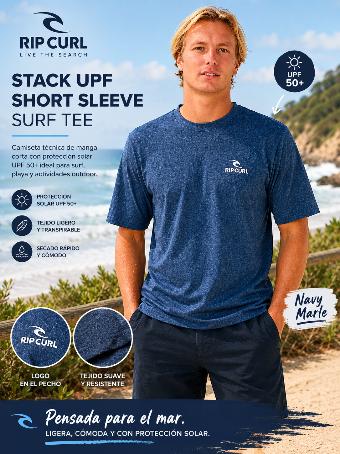 Camiseta Rip Curl Stack UPF Short Sleeve Surf Tee Navy Marle hombre en escenario surf lifestyle premium junto al mar