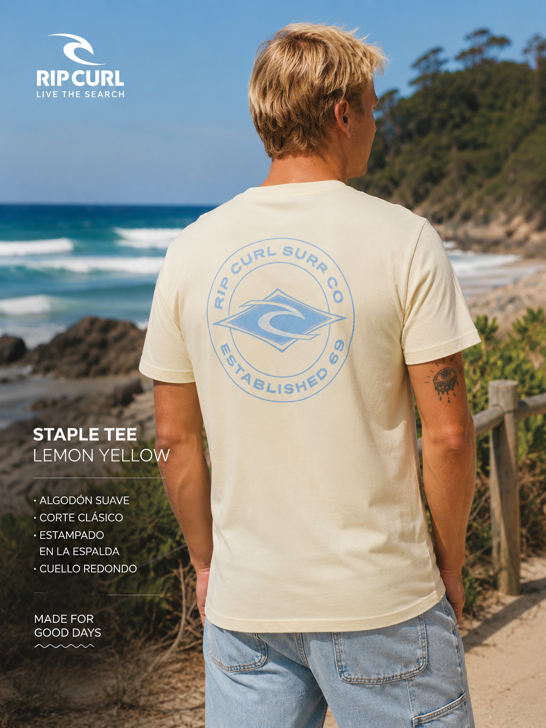 Camiseta Rip Curl Staple Tee Lemon Yellow hombre con estampado trasero surf en escenario lifestyle costero premium
