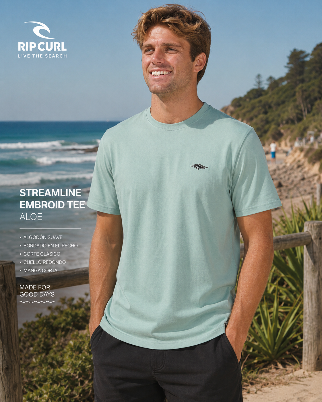 Camiseta Rip Curl Streamline Embroid Tee Aloe hombre en escenario surf lifestyle premium con camiseta verde agua y estética verano costera
