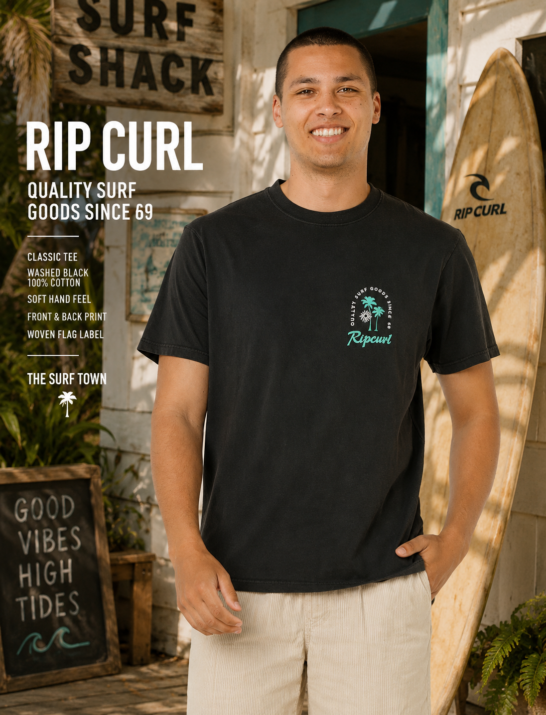 Camiseta Rip Curl Sunset Mod California Washed Black en escenario surf shack tropical con estética surf lifestyle premium