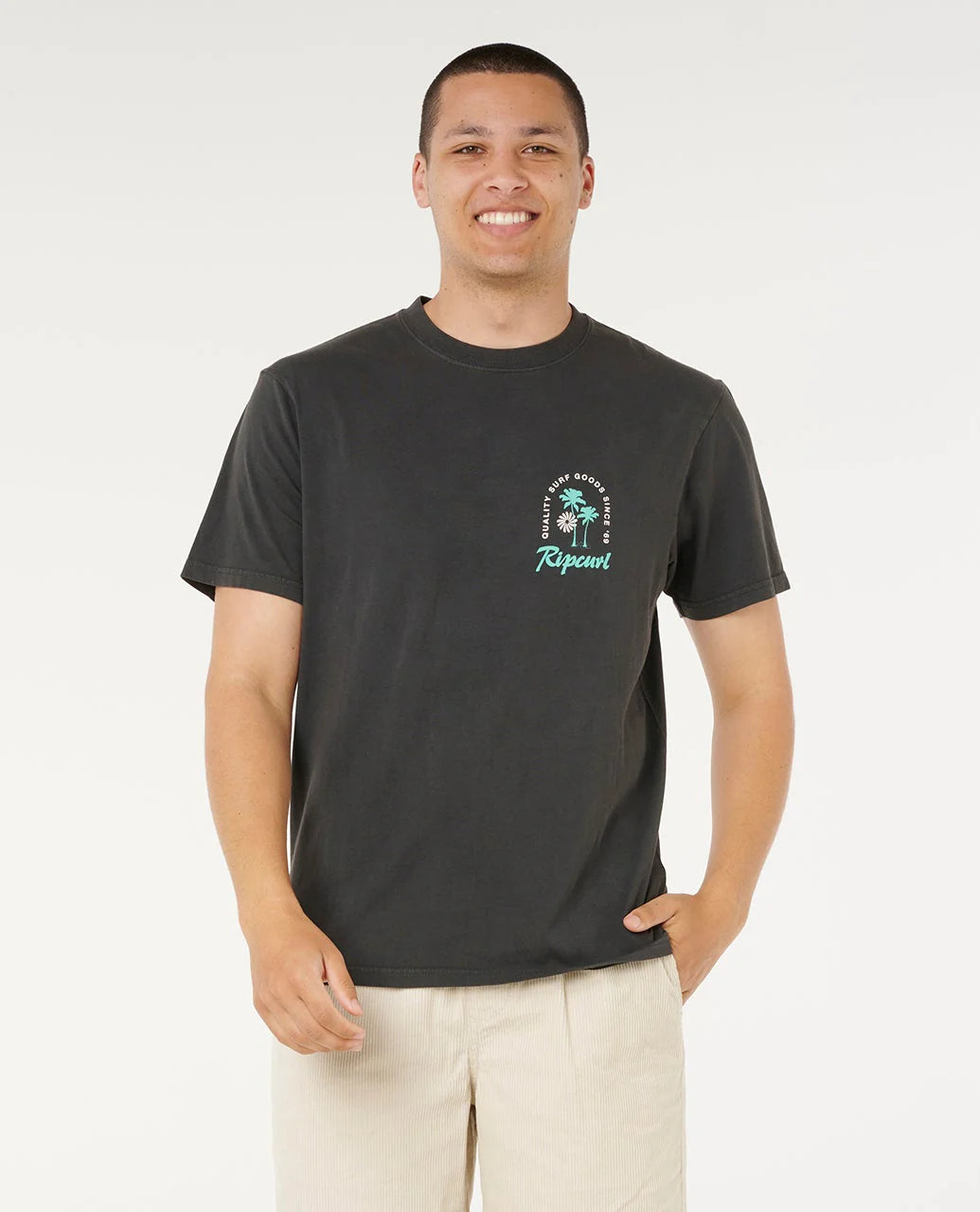 Camiseta RIP CURL Sunset Mod California Washed Black negra con gráfico surf de atardecer en la espalda para hombre