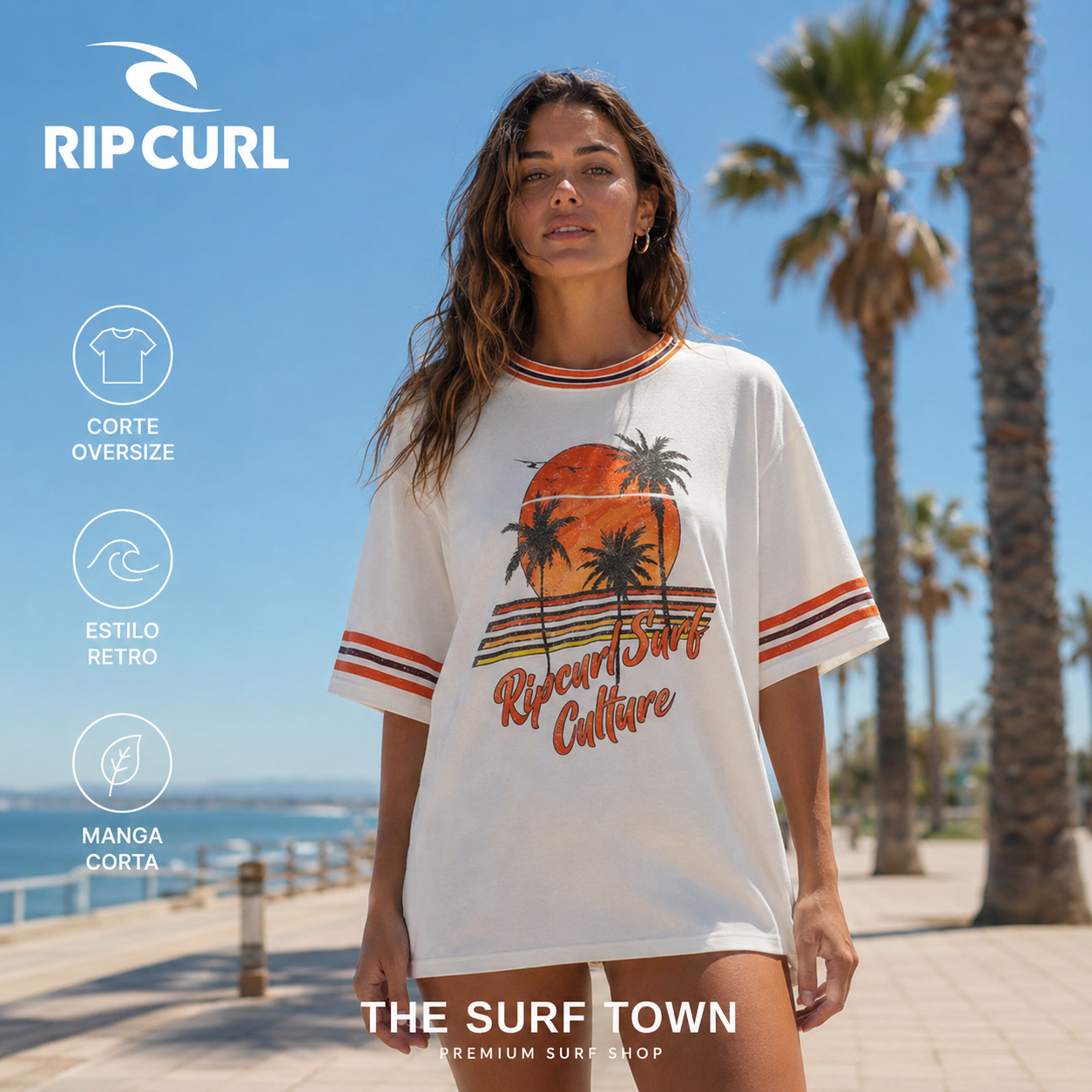 Camiseta Rip Curl Surf Culture Bone con diseño retro, franjas en las mangas y gráfico delantero, imagen editorial propia de THE SURF TOWN