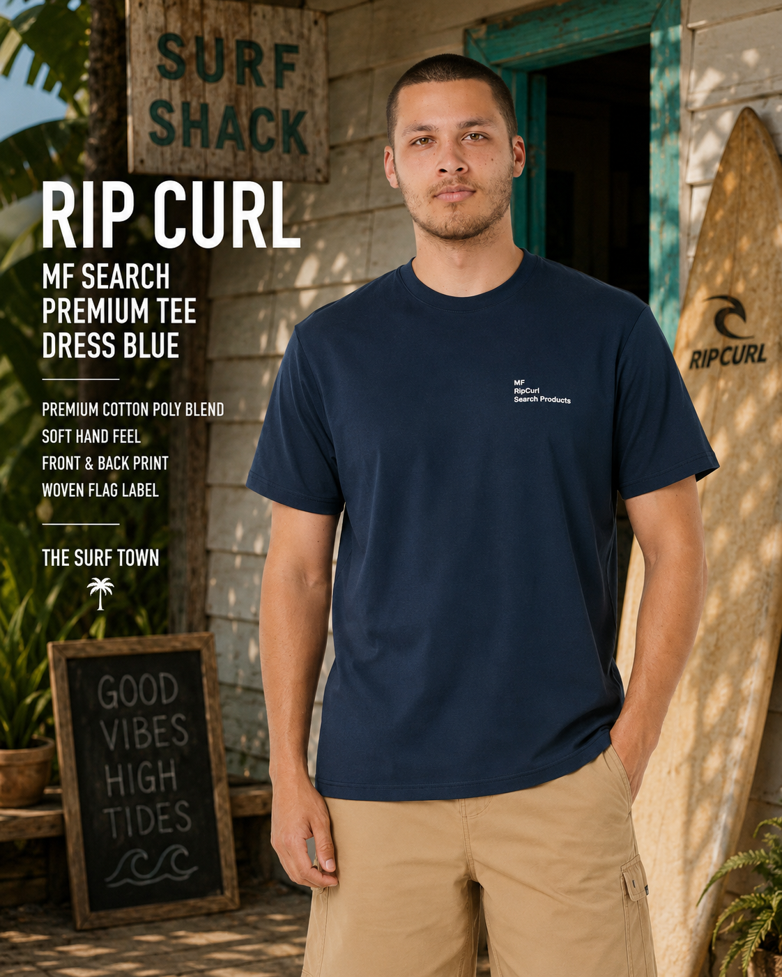 Camiseta Rip Curl Vaporcool Mick Fanning Navy en surf shack tropical premium con estética surf lifestyle masculina