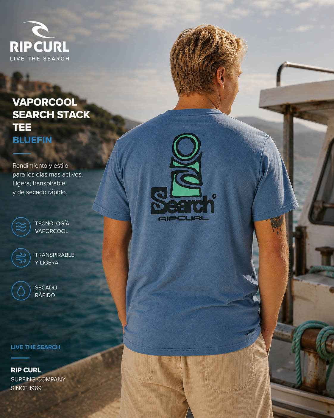 Camiseta Rip Curl Vaporcool Search Stack Bluefin para hombre en escena surf marina editorial premium