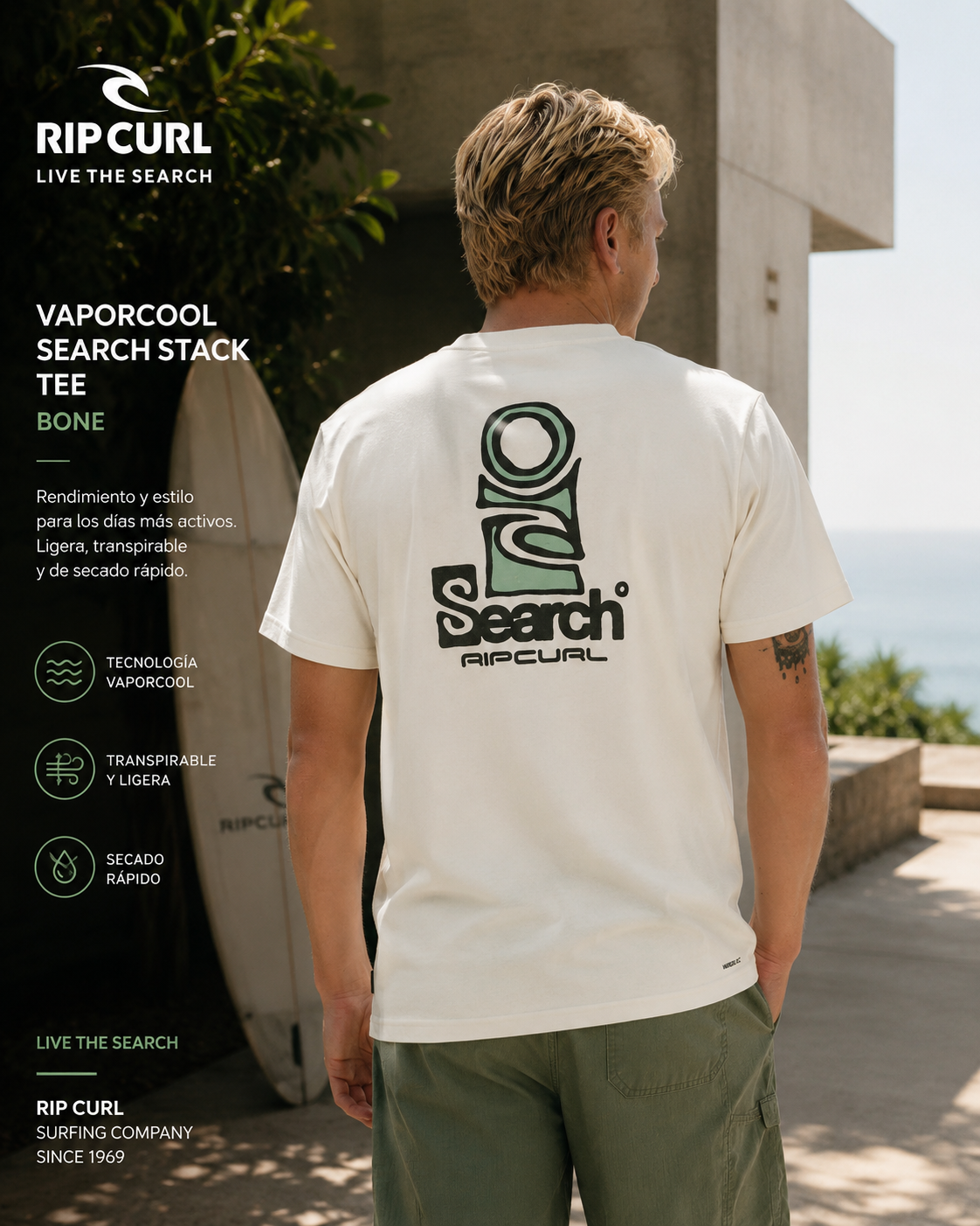 Camiseta Rip Curl Vaporcool Search Stack Bone para hombre en escena editorial coastal premium