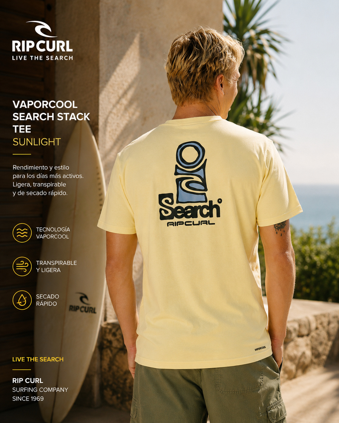 Camiseta Rip Curl Vaporcool Search Stack Sunlight para hombre en escena editorial coastal premium
