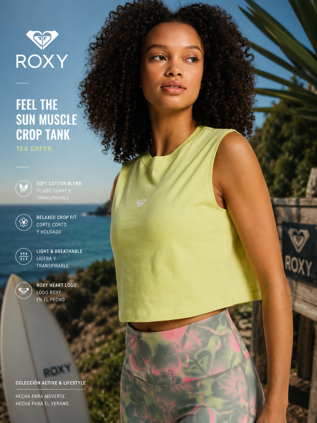 Crop top Roxy Essential Energy Daiquiri Green para mujer en escena lifestyle fitness surf premium junto al mar