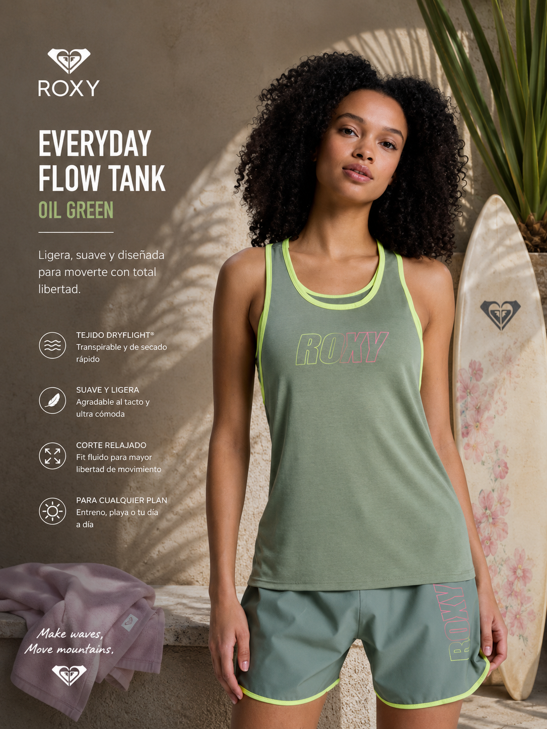Camiseta Roxy Everyday Flow Tank Oil Green estilo active beach lifestyle premium para mujer